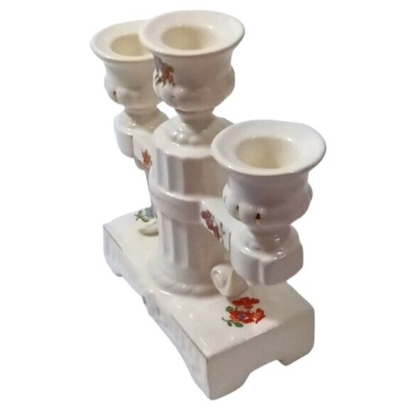Vintage Czechoslovak Porcelain White 3 Arm Candle Holder Flower Decor Gold Trim - Picture 4 of 8